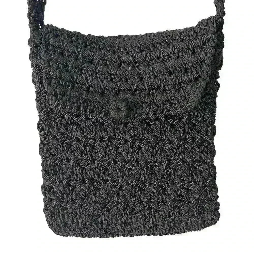 Women's Black Crochet Crossbody Handbag with Long Woven Strap